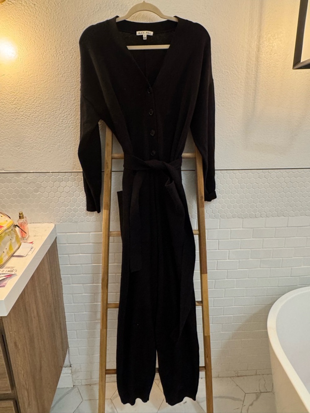 Alex Mill Merino Wool Cotton Blend Black Knit Jumpsuit with Tie Waist - Picture 6 of 13